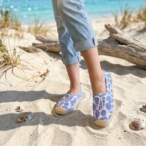 Blue Printed Canvas Espadrille Slip-Ons for Women
